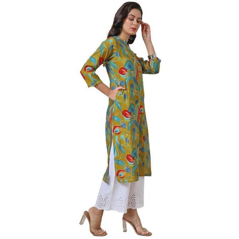 Soch Womens Mustard Muslin Blend Mandarin Collar Printed Kurta