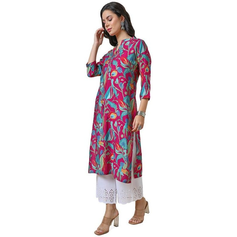 Soch Womens Fuchsia Foil Print Muslin Blend Kurta