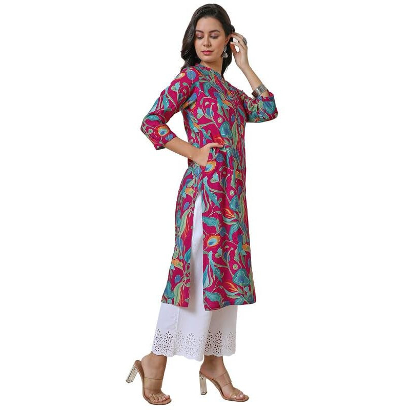Soch Womens Fuchsia Foil Print Muslin Blend Kurta