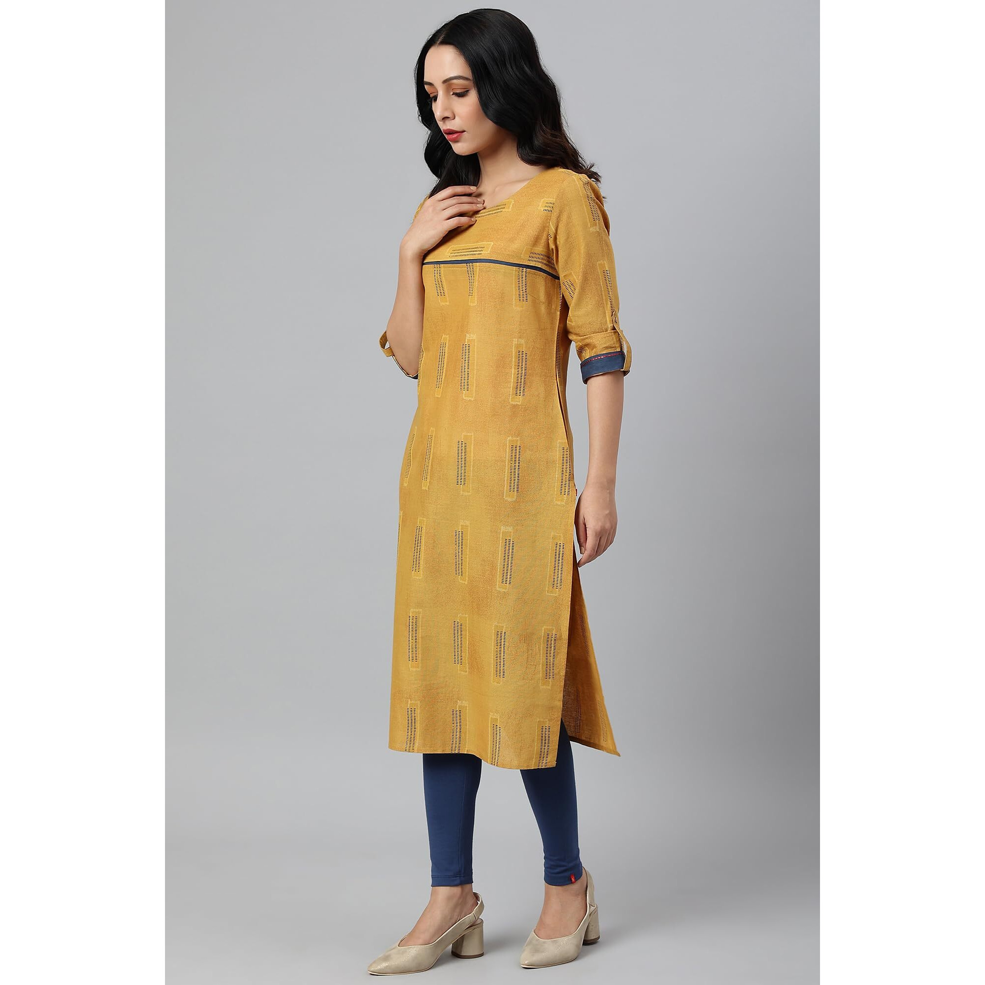 W For Woman Mustard Kantha Printed Contemporary Kurta