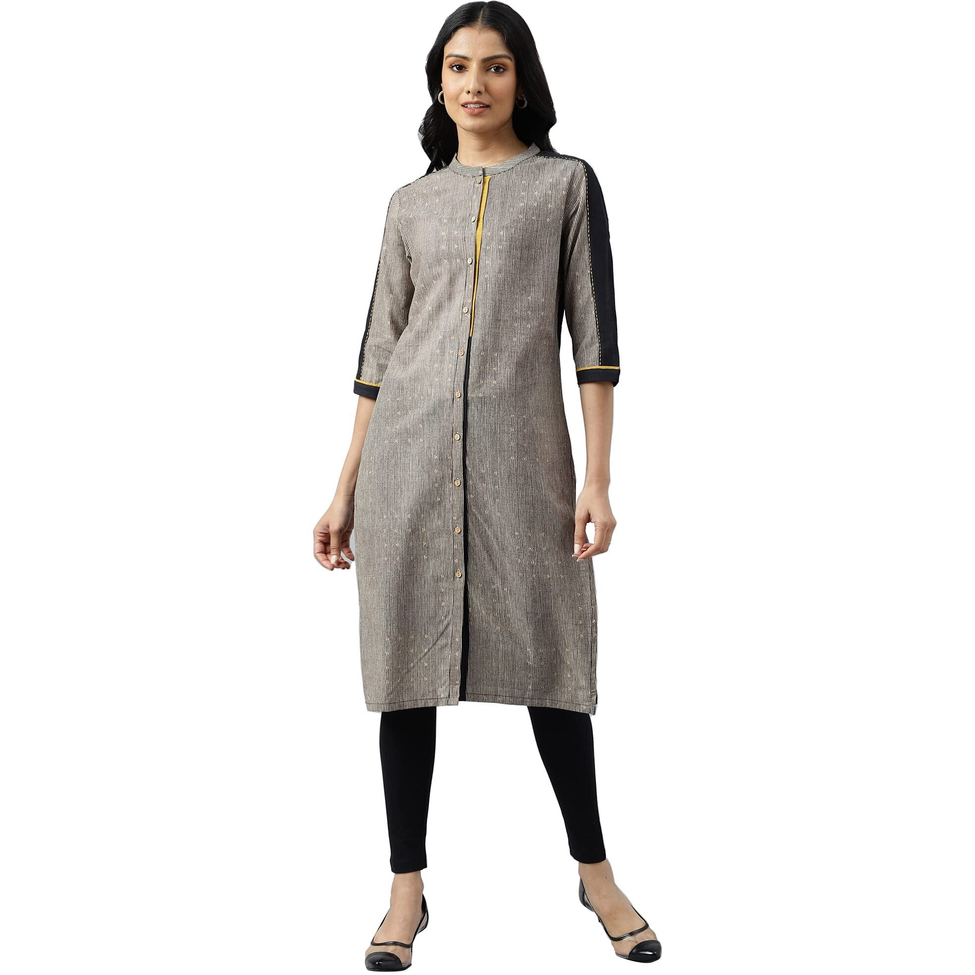 W For Woman Biege And Black Panelled Kurta With Mustard Stich Line