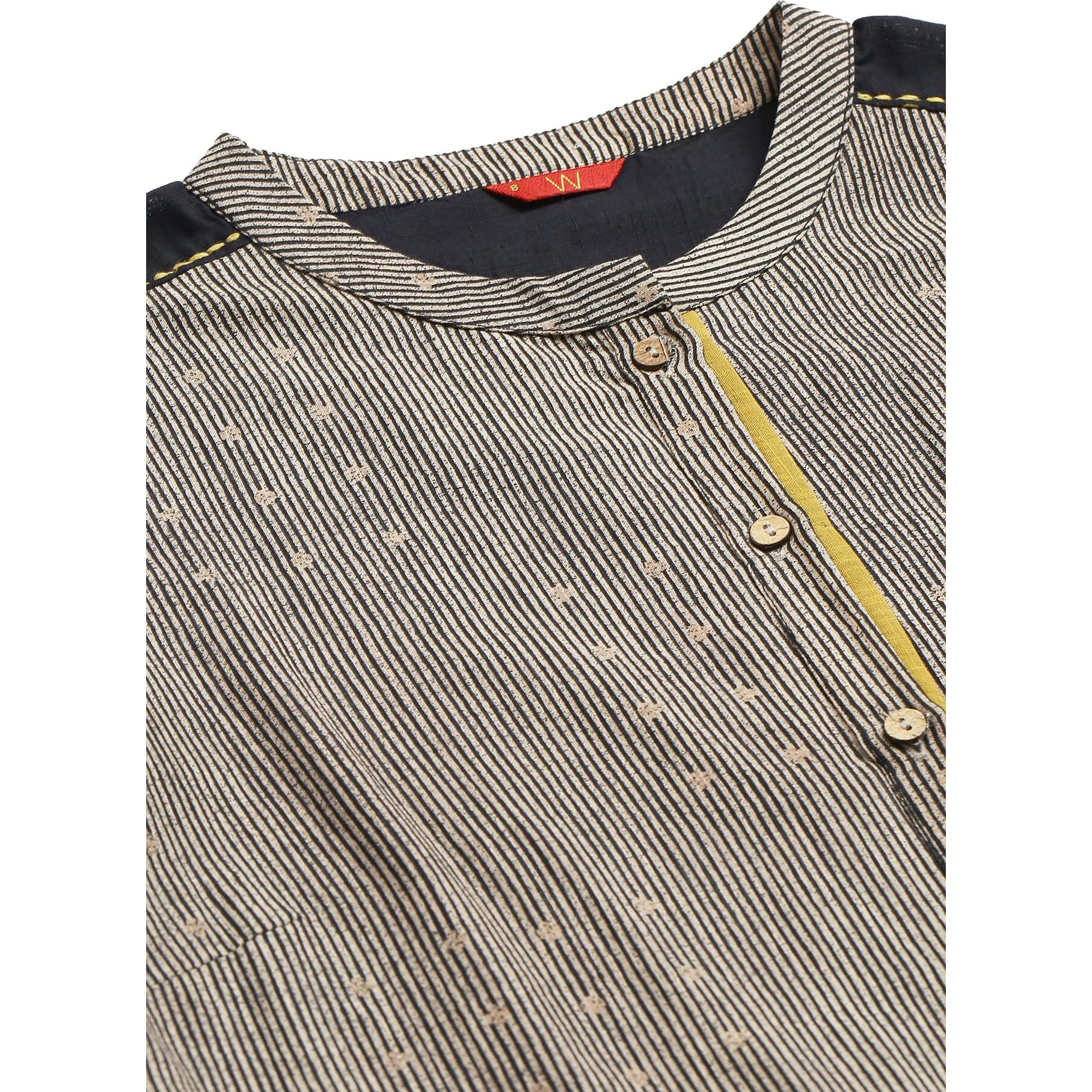 W For Woman Biege And Black Panelled Kurta With Mustard Stich Line