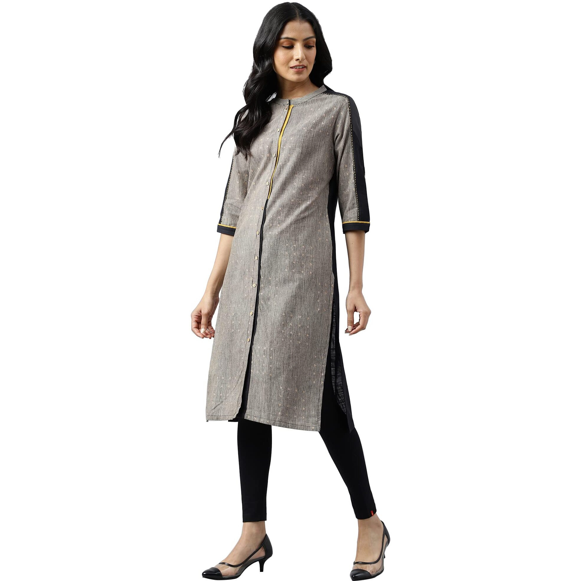 W For Woman Biege And Black Panelled Kurta With Mustard Stich Line