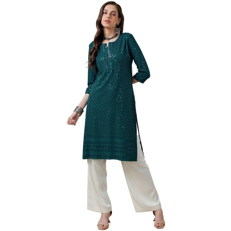 Soch Womens Teal Rayon Embroidered Straight Kurta With Sequins