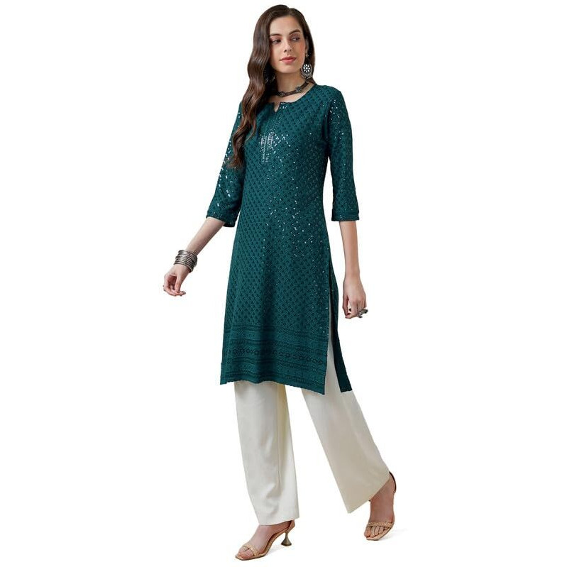 Soch Womens Teal Rayon Embroidered Straight Kurta With Sequins