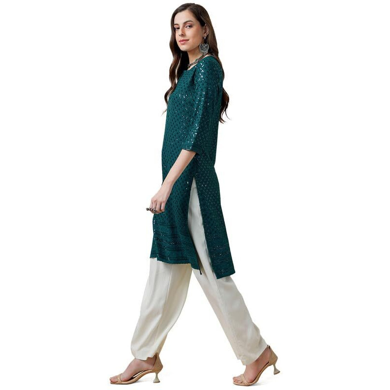 Soch Womens Teal Rayon Embroidered Straight Kurta With Sequins