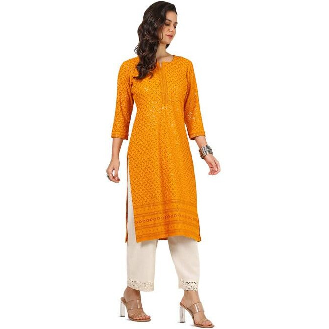 Soch Womens Mustard Rayon Embroidered Kurta With Sequence Work