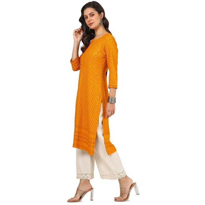 Soch Womens Mustard Rayon Embroidered Kurta With Sequence Work