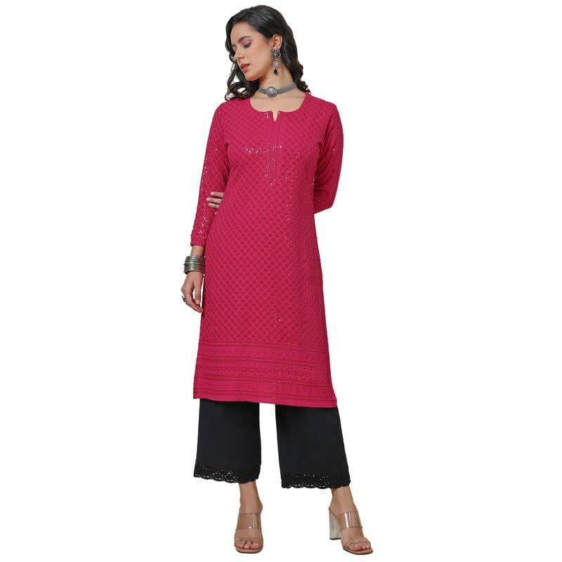 Soch Womens Fuchsia Rayon Embroidered Straight Kurta With Sequins