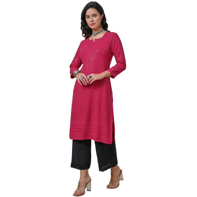 Soch Womens Fuchsia Rayon Embroidered Straight Kurta With Sequins
