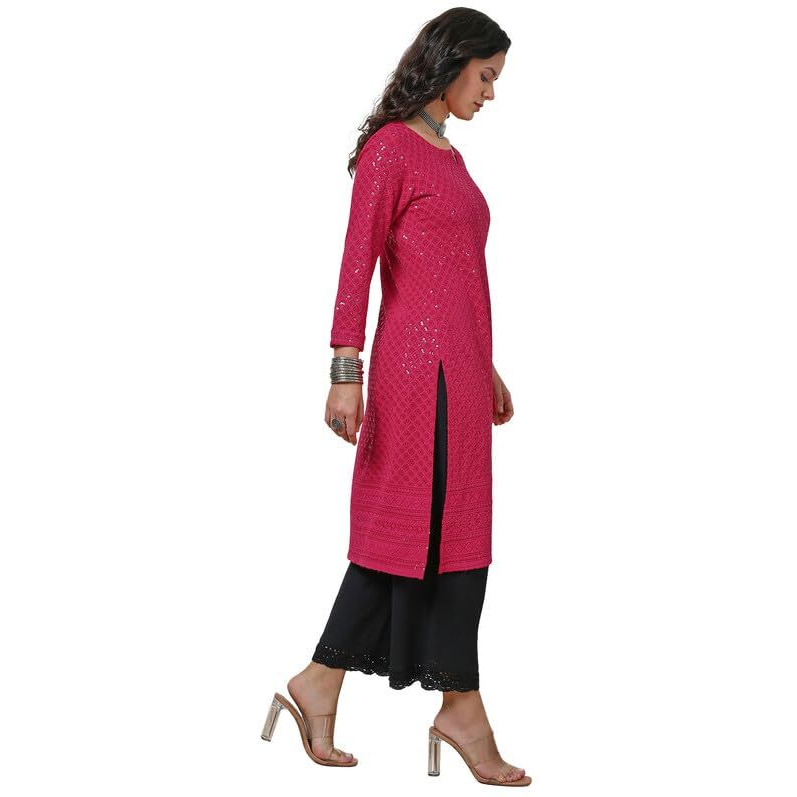Soch Womens Fuchsia Rayon Embroidered Straight Kurta With Sequins