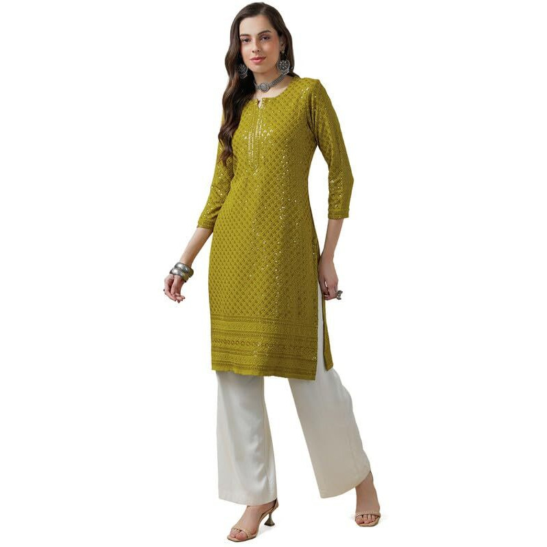 Soch Womens Olive Rayon Embroidered Straight Kurta With Sequins