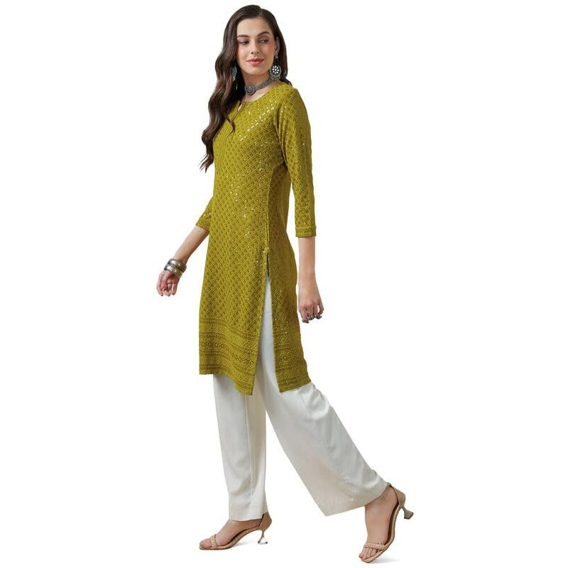 Soch Womens Olive Rayon Embroidered Straight Kurta With Sequins