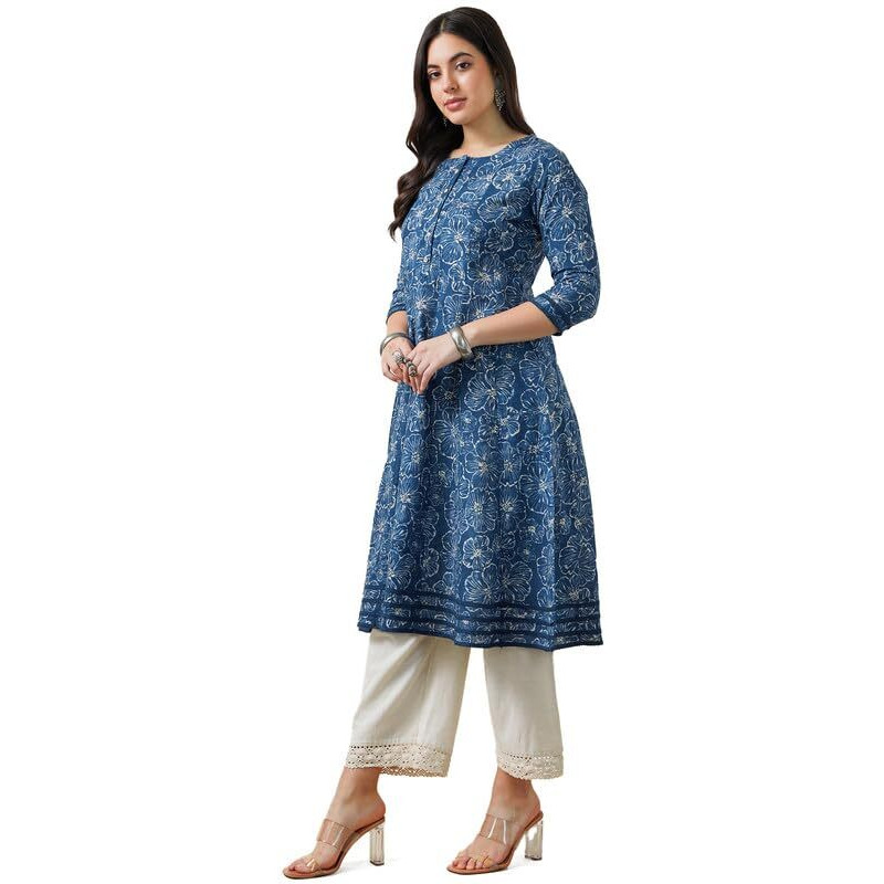 Soch Womens Blue Cotton Slub Botanical Print Panelled Kurta