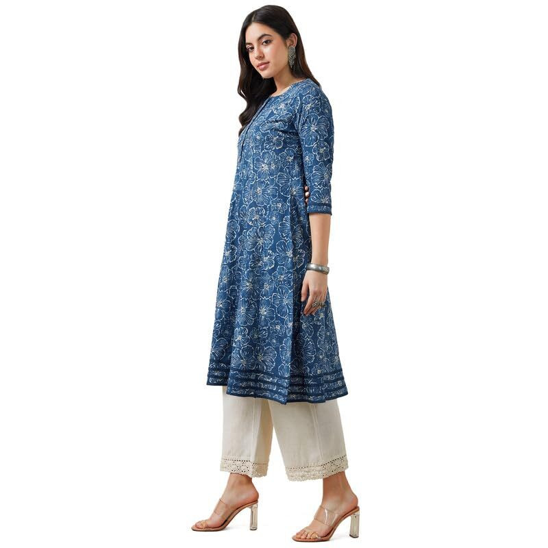 Soch Womens Blue Cotton Slub Botanical Print Panelled Kurta
