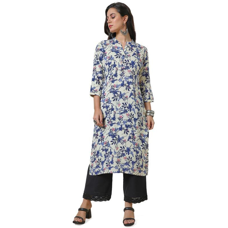 Soch Womens Off White Floral Print Rayon Straight Kurta