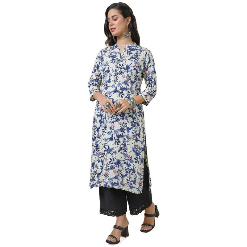Soch Womens Off White Floral Print Rayon Straight Kurta