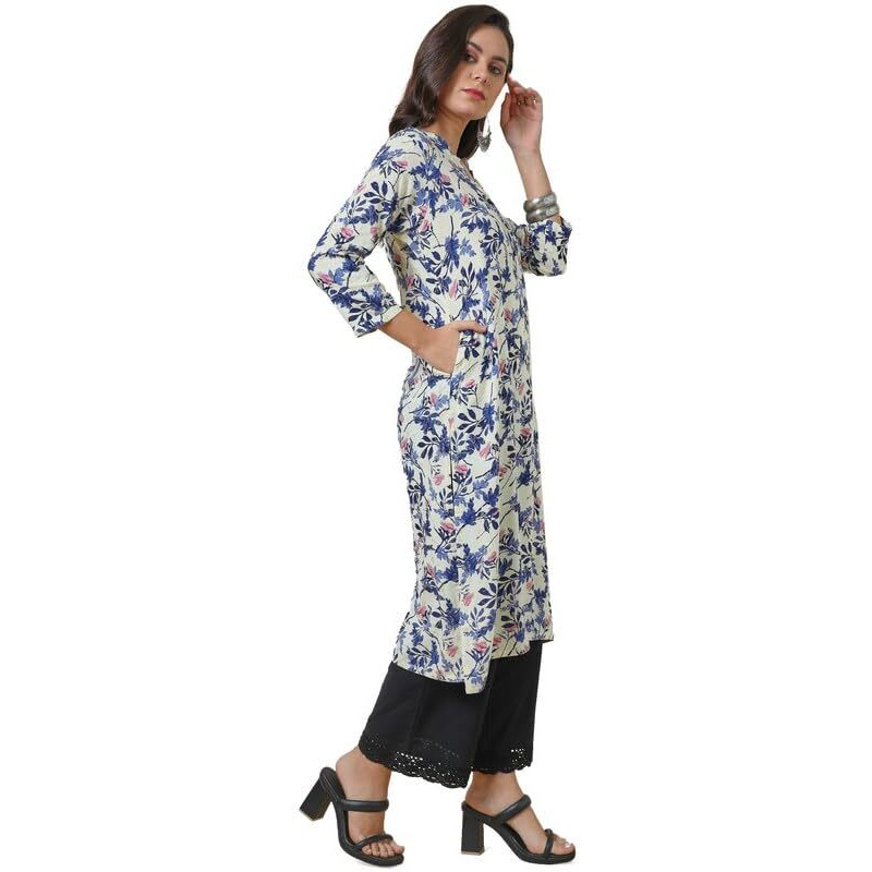 Soch Womens Off White Floral Print Rayon Straight Kurta