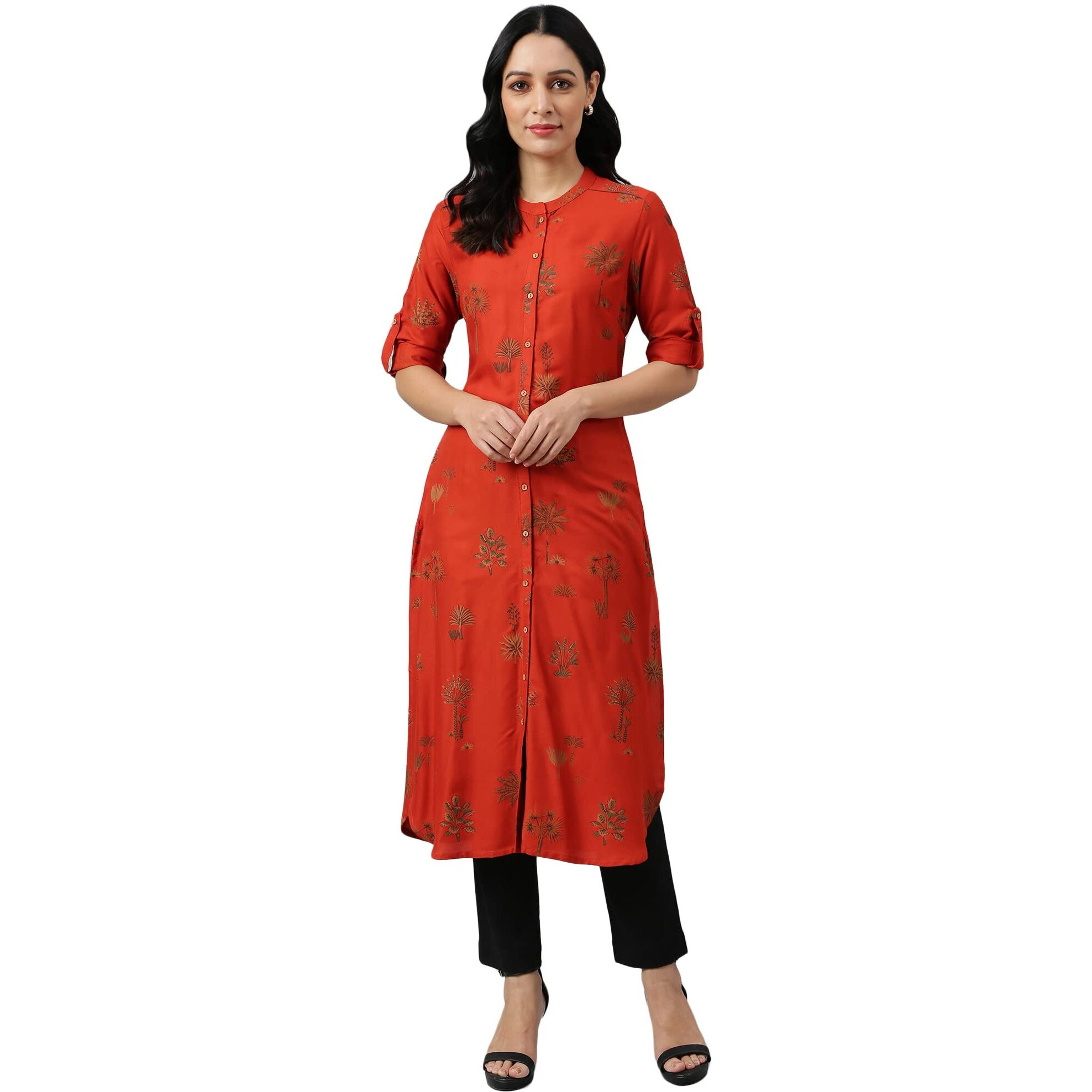 W For Woman Mustard Printed Button Down Kurta_22Auw17847-119717_Xs