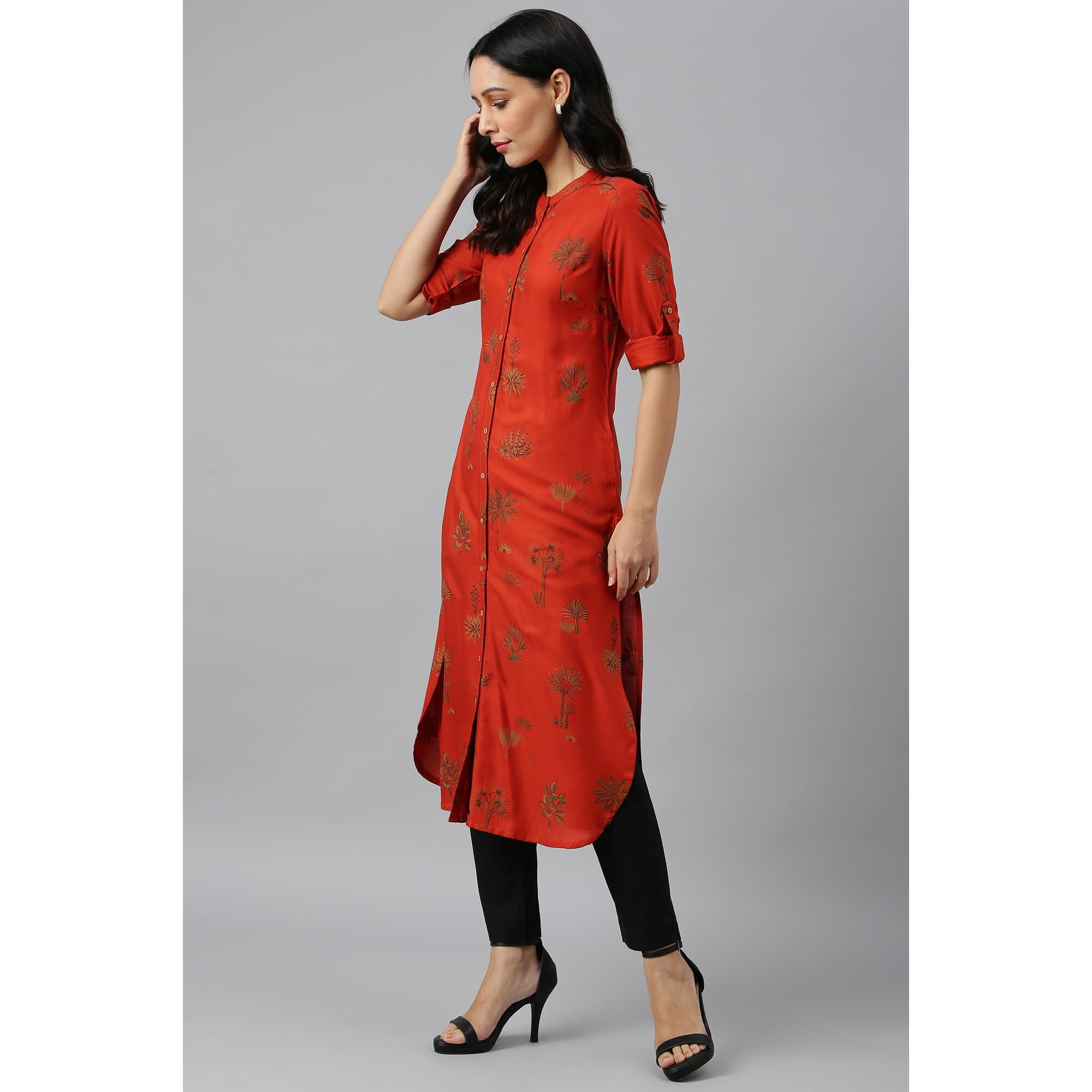 W For Woman Women's Mustard Printed Button Down Regular Fit Kurta_22Auw17847-119717_S