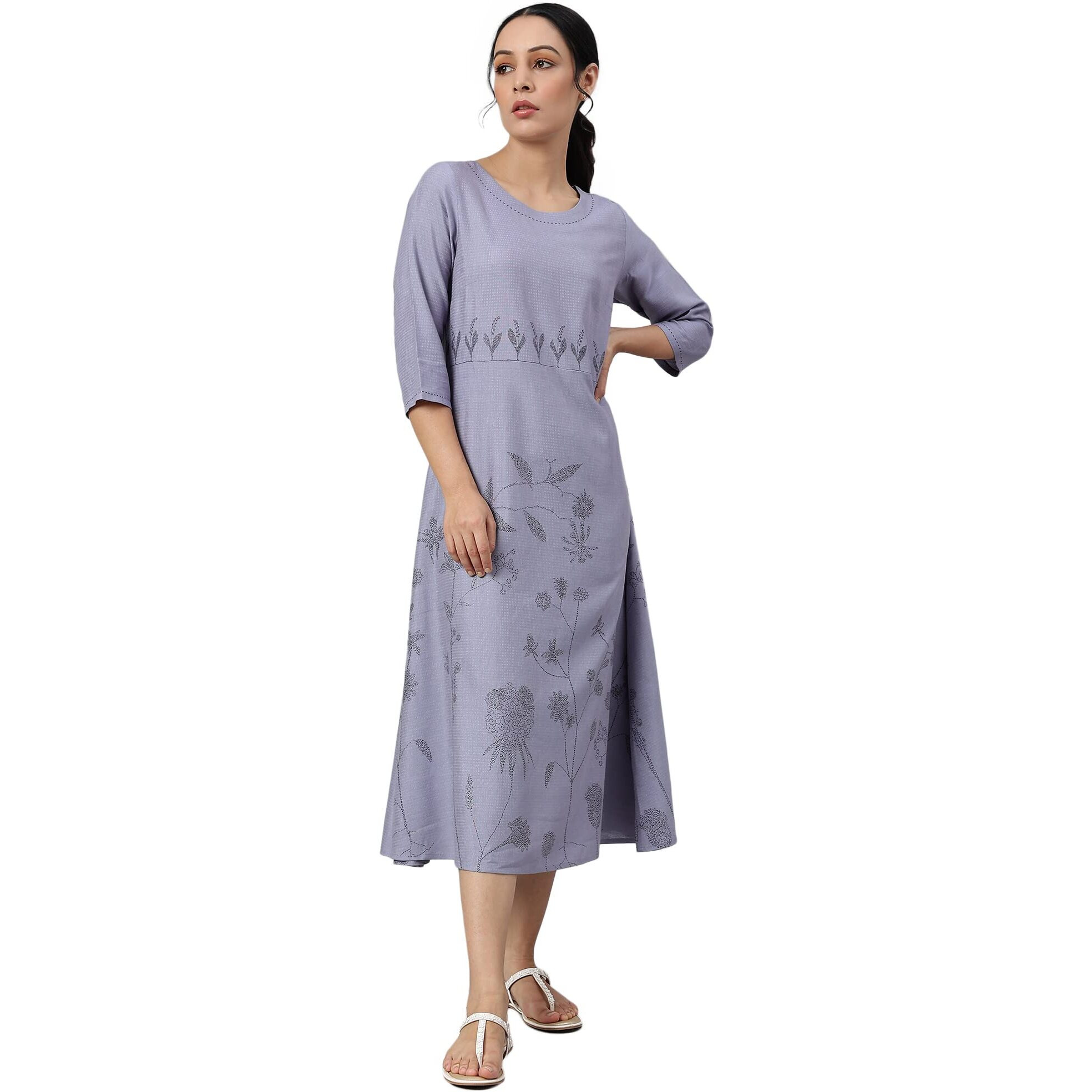 W For Woman Blue Floral Kurta With Kantha Details