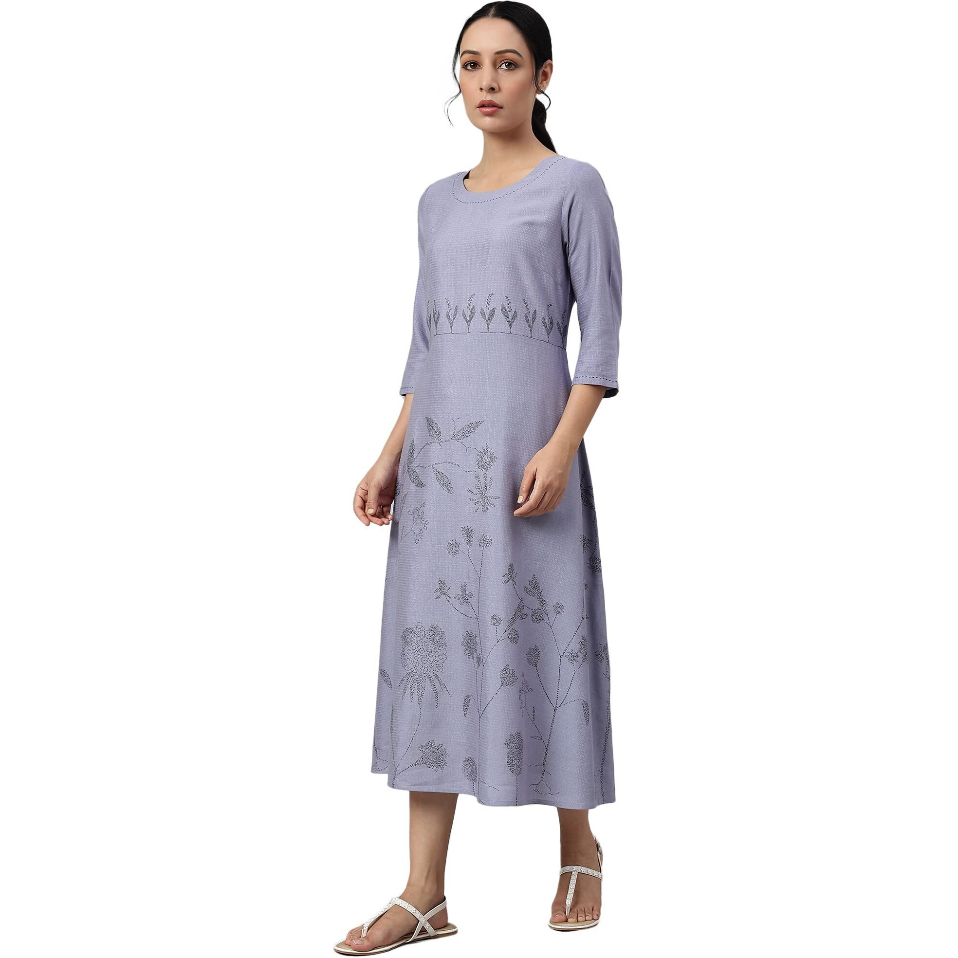 W For Woman Blue Floral Kurta With Kantha Details
