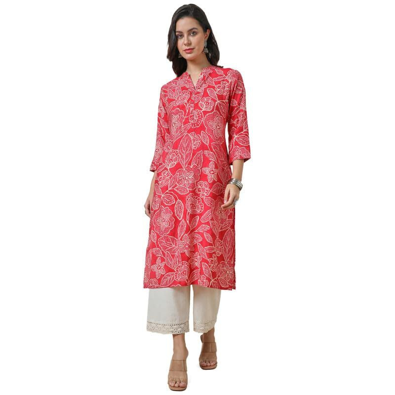 Soch Womens Red Foil Print Viscose Blend Kurta