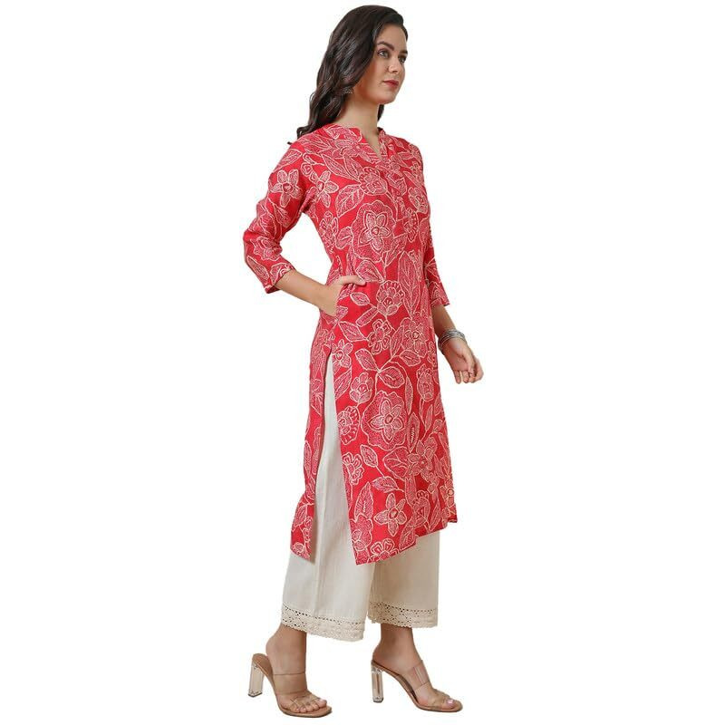 Soch Womens Red Foil Print Viscose Blend Kurta