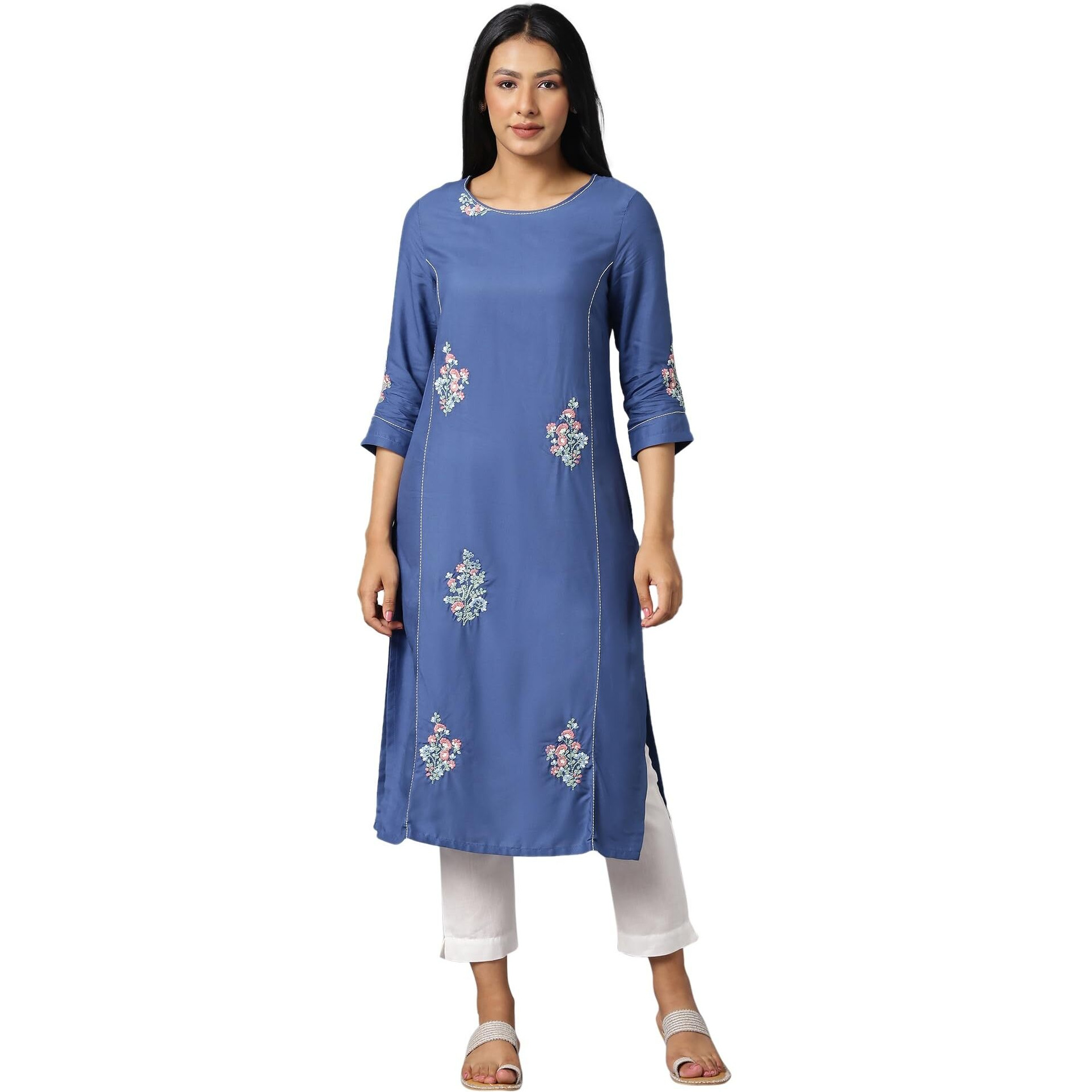 W For Woman Dark Blue Embroidered Kurta In Round Neck_22Auw15941-218190_Xs