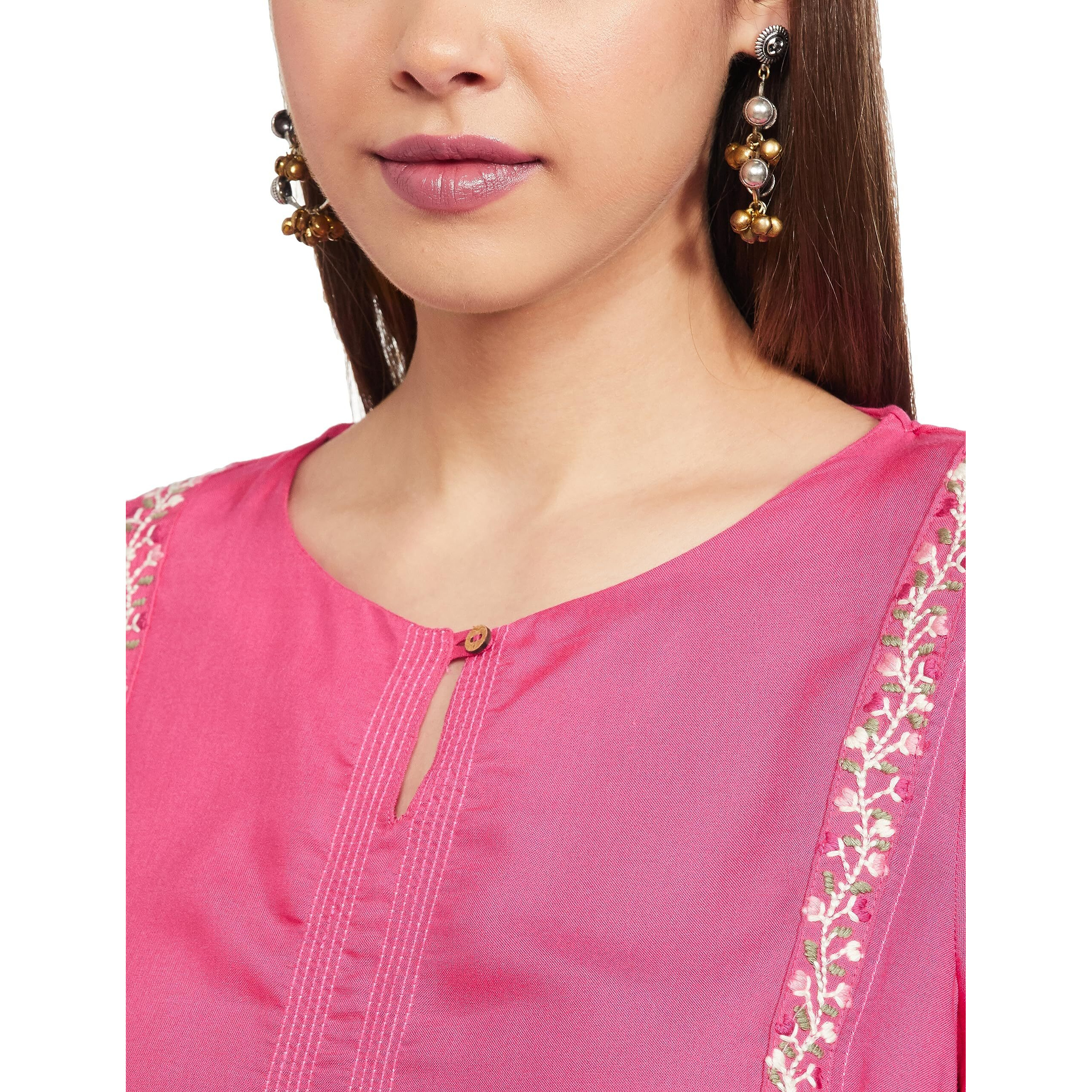 W For Woman Dark Pink Rayon Kurta With Multicolour Embroidery_22Auw11953-218193_Xs