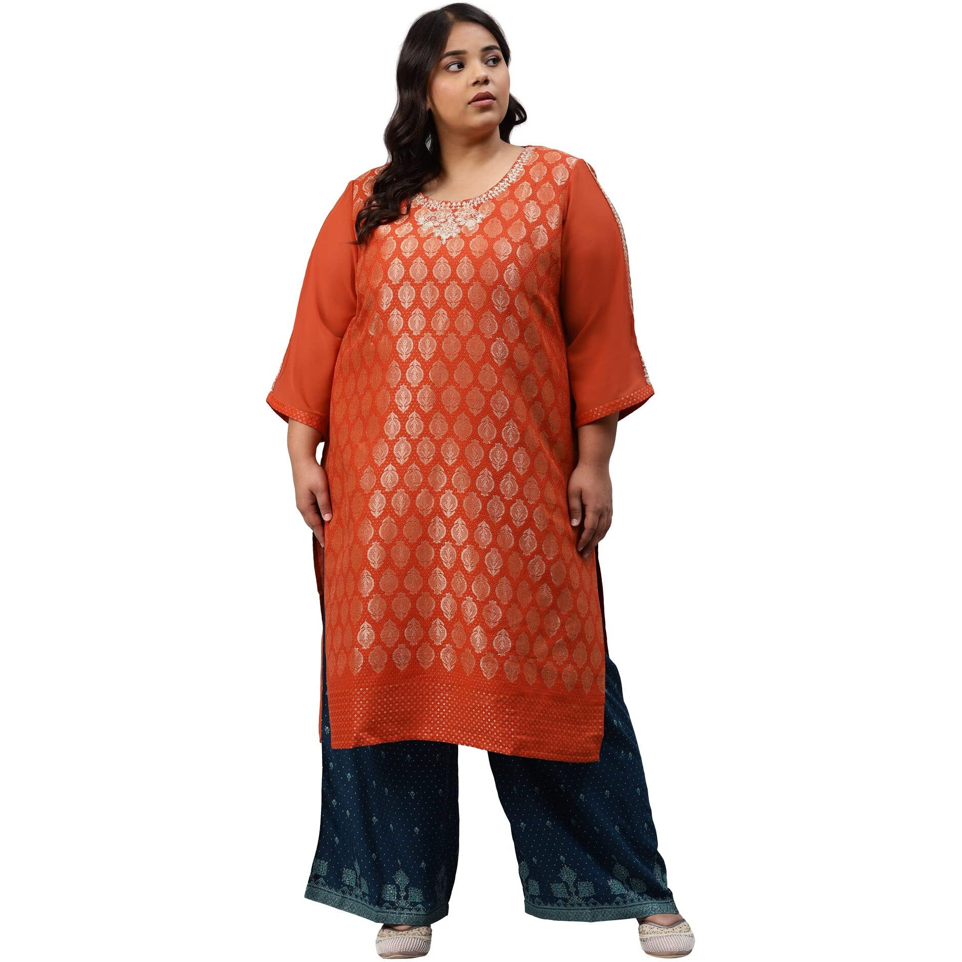 W For Woman Red Floral Printed Cotton-Blend Kurta With Metallic Embroidery