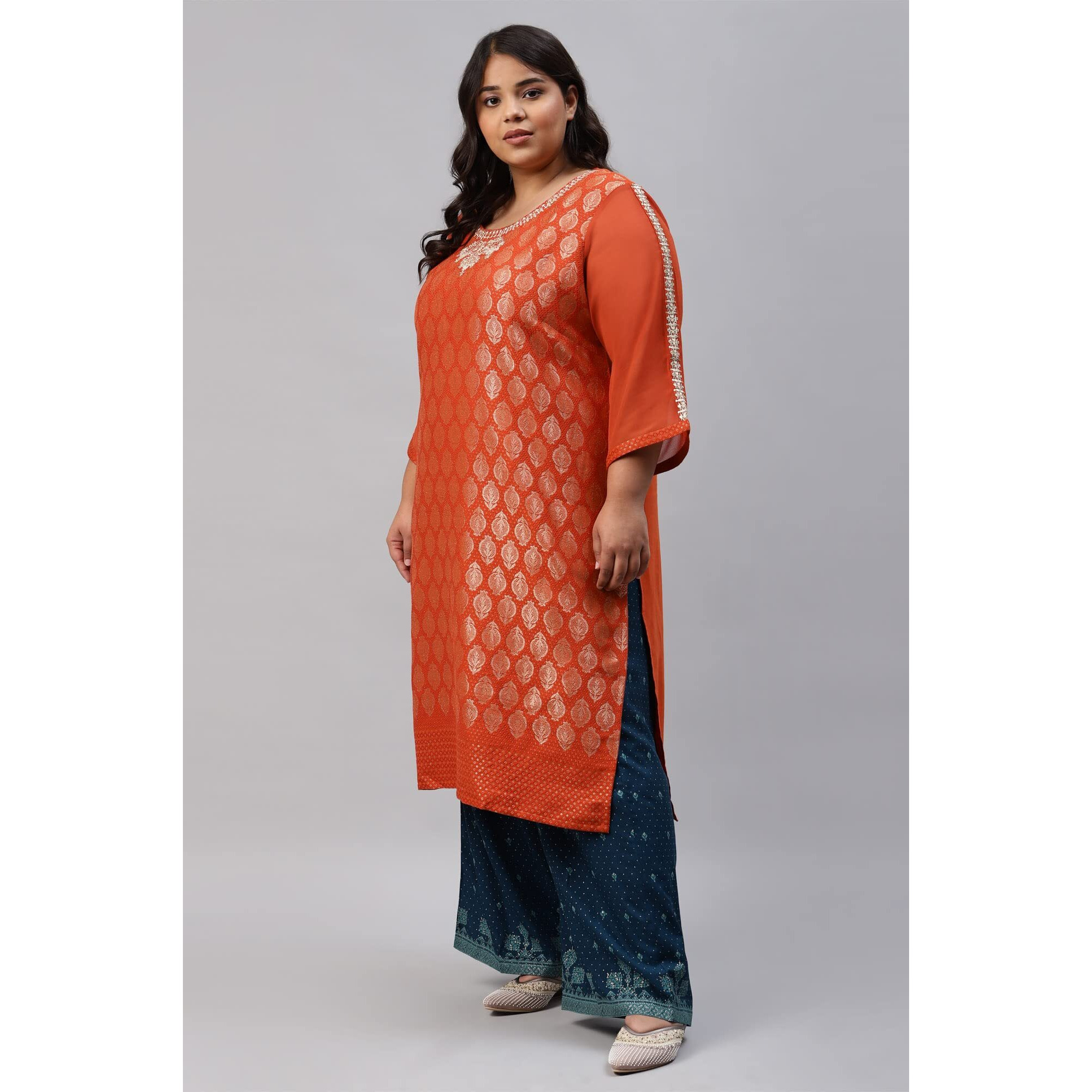 W For Woman Red Floral Printed Cotton-Blend Kurta With Metallic Embroidery