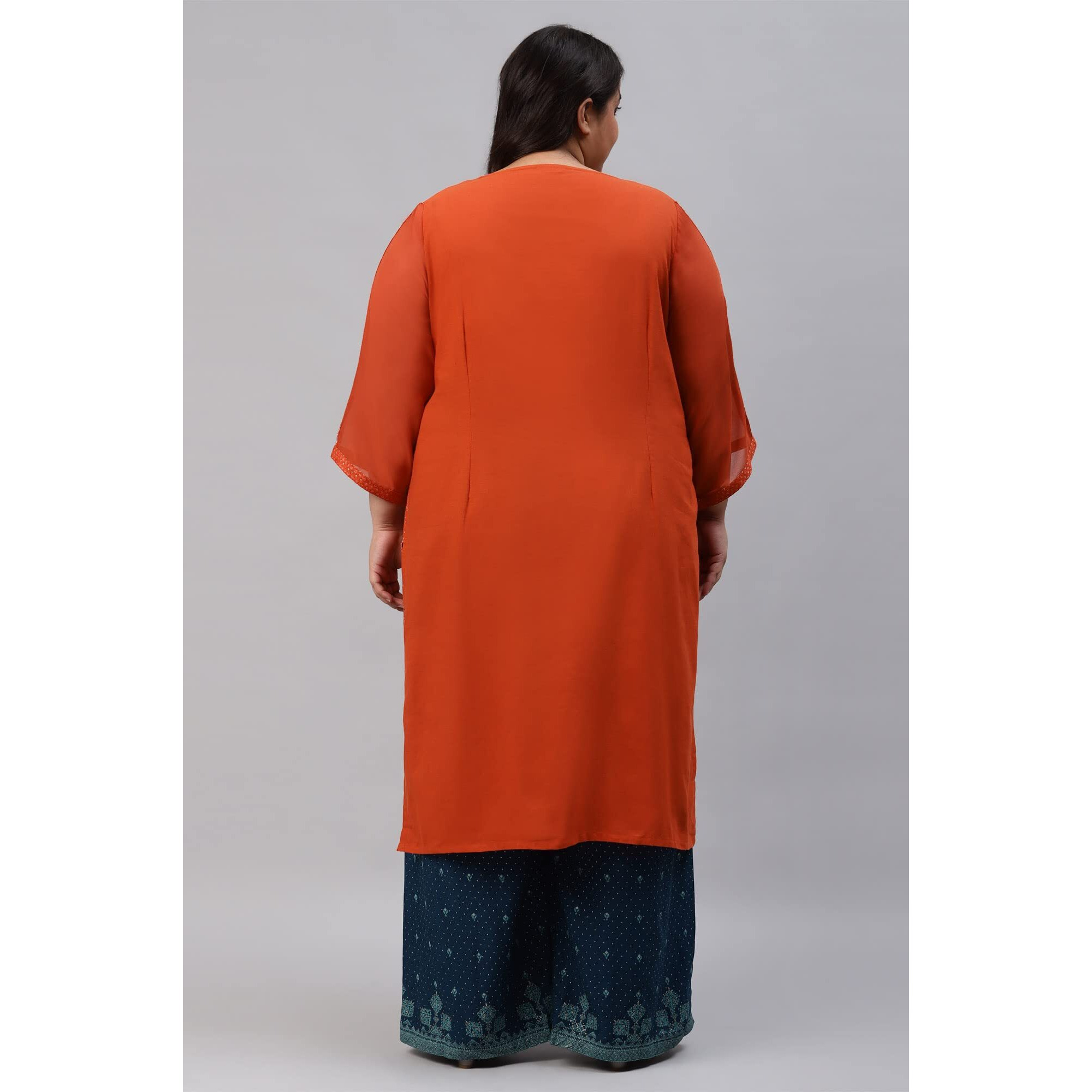 W For Woman Women Cotton Red Jacquard Plus Size Regular Kurta With Embroidery_22Auw13697G-312669_4Xl