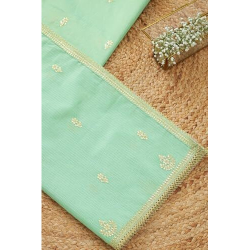 Soch Womens Light Green Silk Shimmer Embroidered Dupatta With Zari