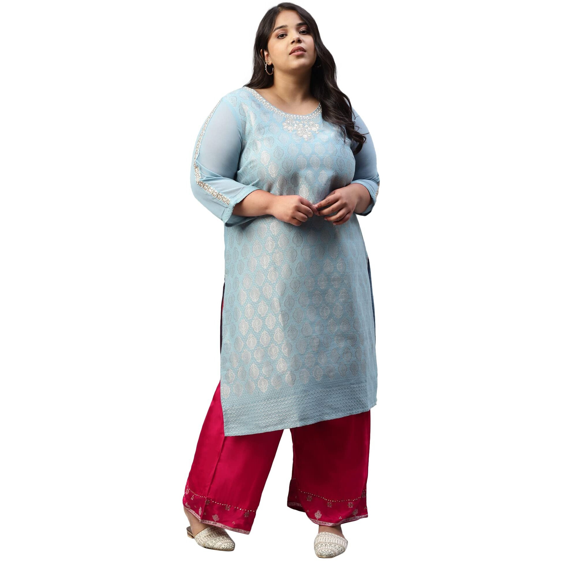 W For Woman Sky Blue Jacquard Kurta With Embroidery_22Auw13697-312670_3Xl_18