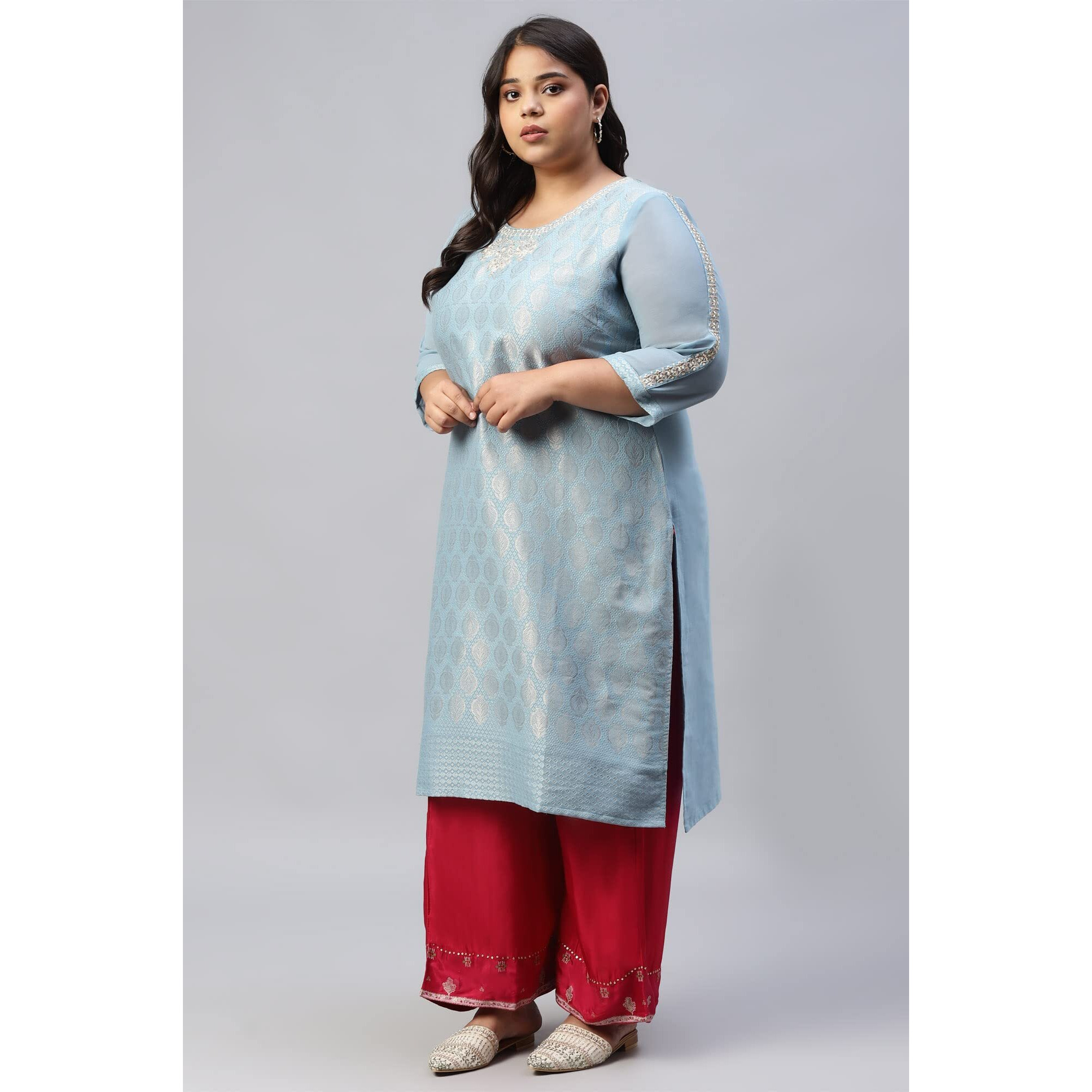 W For Woman Sky Blue Jacquard Kurta With Embroidery_22Auw13697-312670_3Xl_18