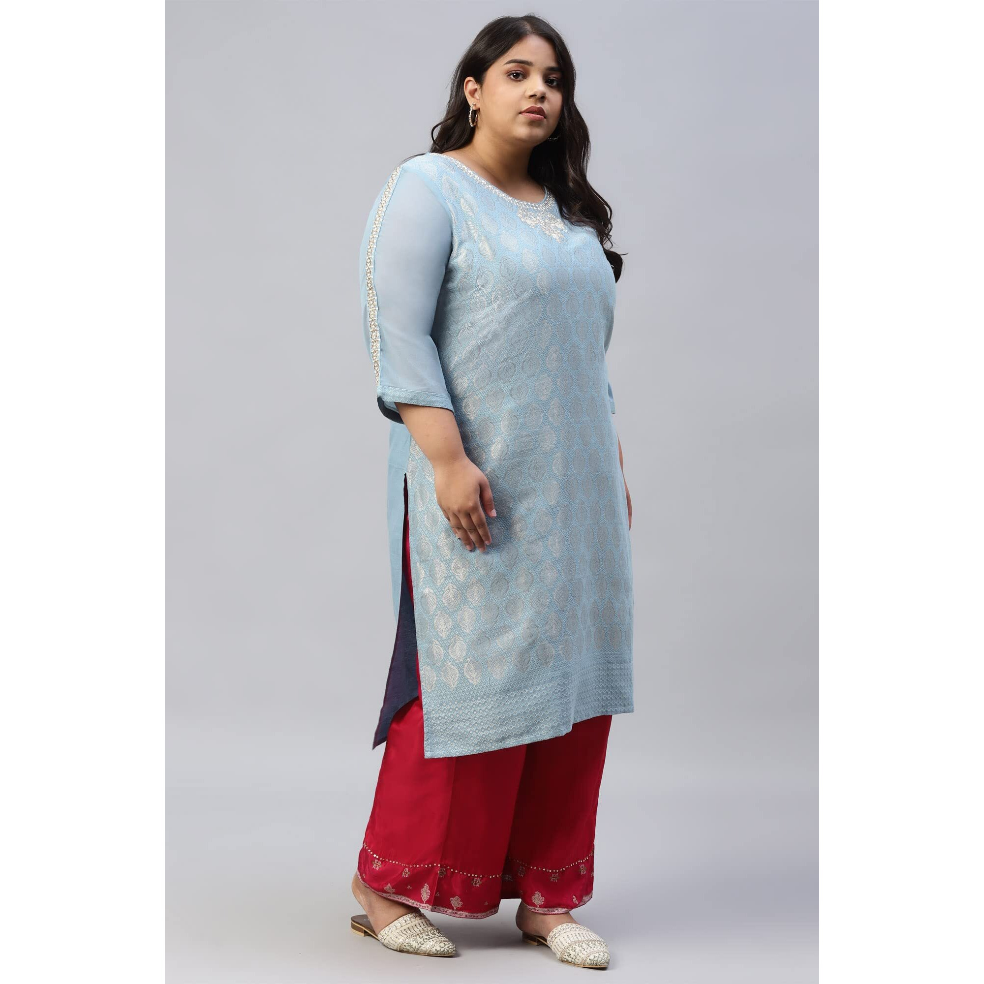 W For Woman Sky Blue Jacquard Kurta With Embroidery_22Auw13697-312670_3Xl_18