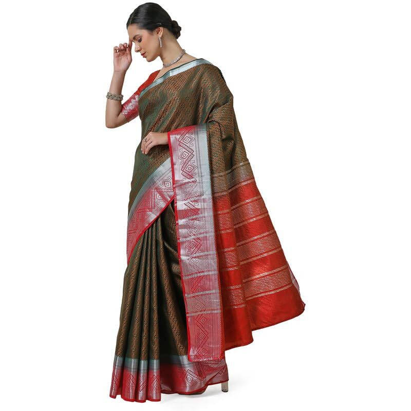 Soch Womens Green Zari Border Woven Design Art Silk Saree