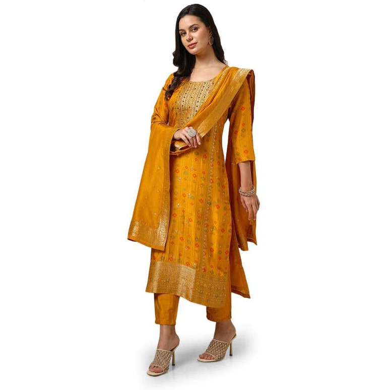 Soch Womens Mustard Brocade Suit Set With Beads And Stones