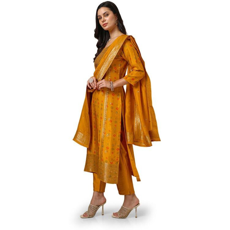 Soch Womens Mustard Brocade Suit Set With Beads And Stones