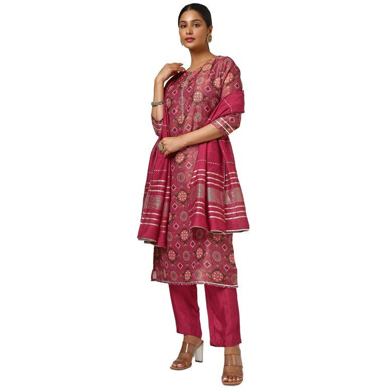 Soch Womens Fuchsia Tissue Floral Print Suit Set With Gotta Patti