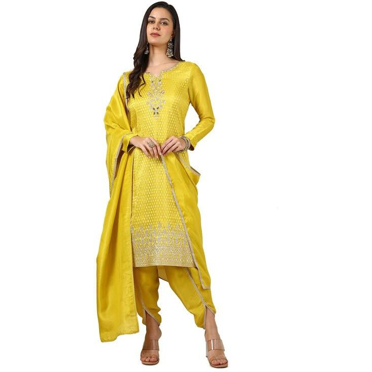 Soch Womens Mustard Tissue Woven Design Suit Set With Cutdana