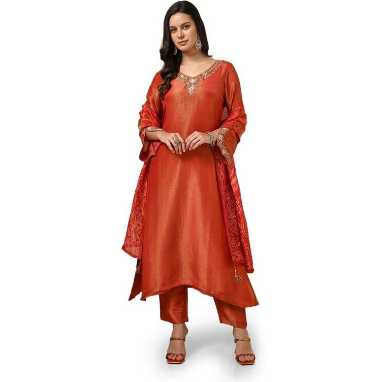 Soch Womens Rust Tissue Embroidered Suit Set With Beads And Stones