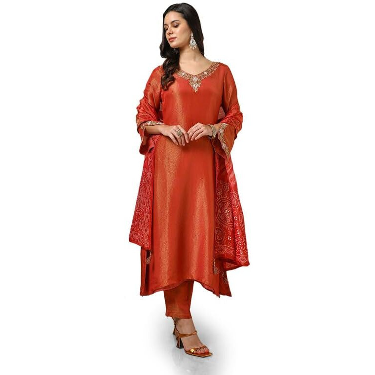 Soch Womens Rust Tissue Embroidered Suit Set With Beads And Stones