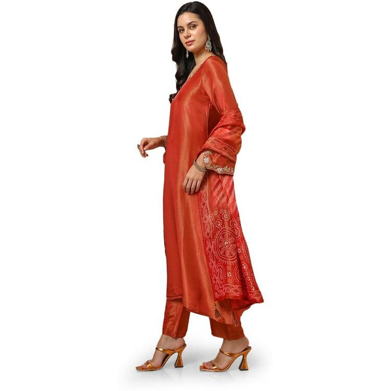 Soch Womens Rust Tissue Embroidered Suit Set With Beads And Stones