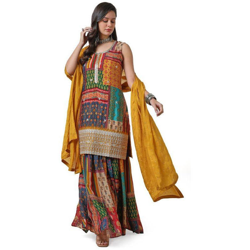 Soch Womens Mustard Tile Print Chinon Suit Set With Dupatta