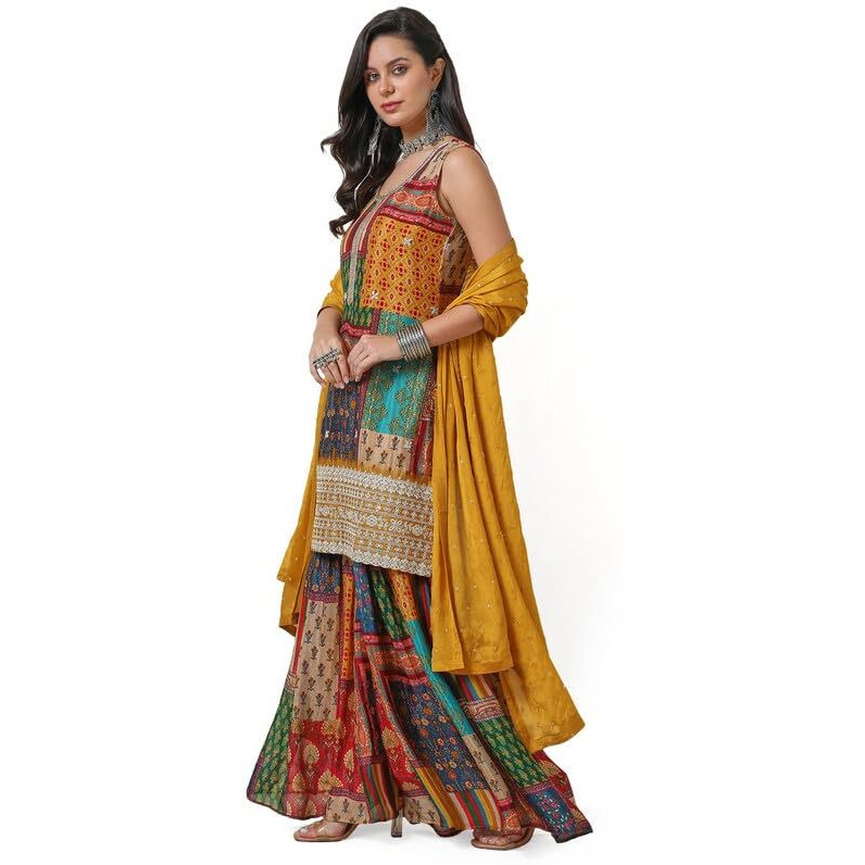 Soch Womens Mustard Tile Print Chinon Suit Set With Dupatta