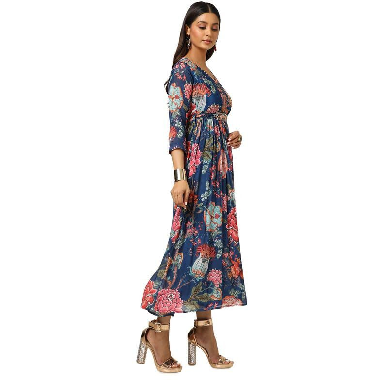 Soch Womens Navy Blue Chinon Floral Gathered Dress With Belt