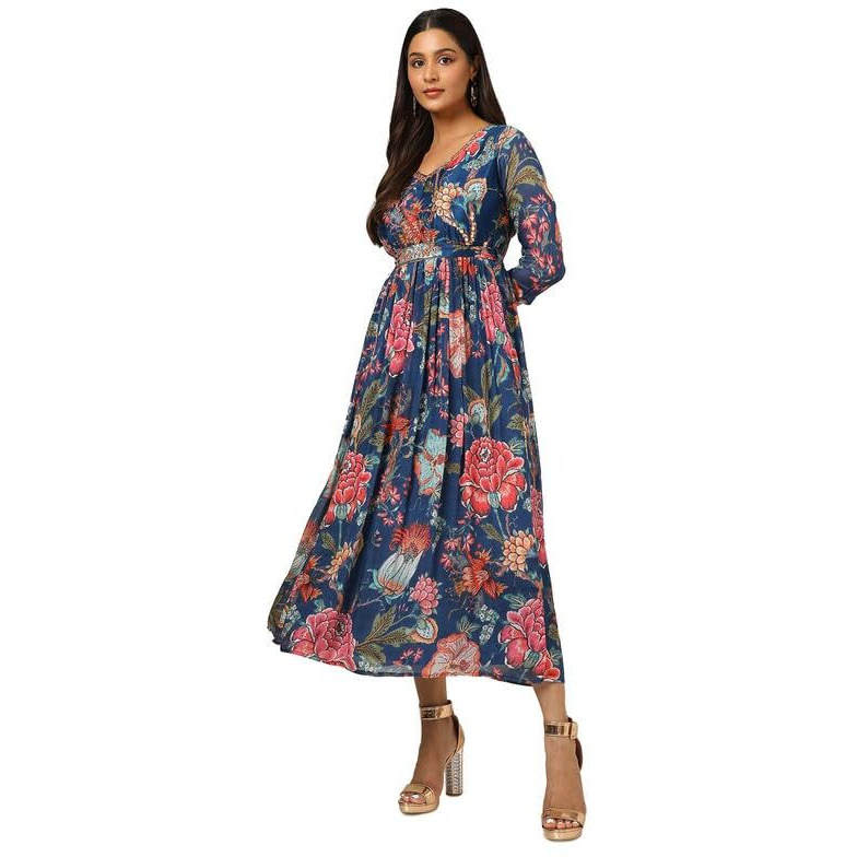 Soch Womens Navy Blue Chinon Floral Gathered Dress With Belt