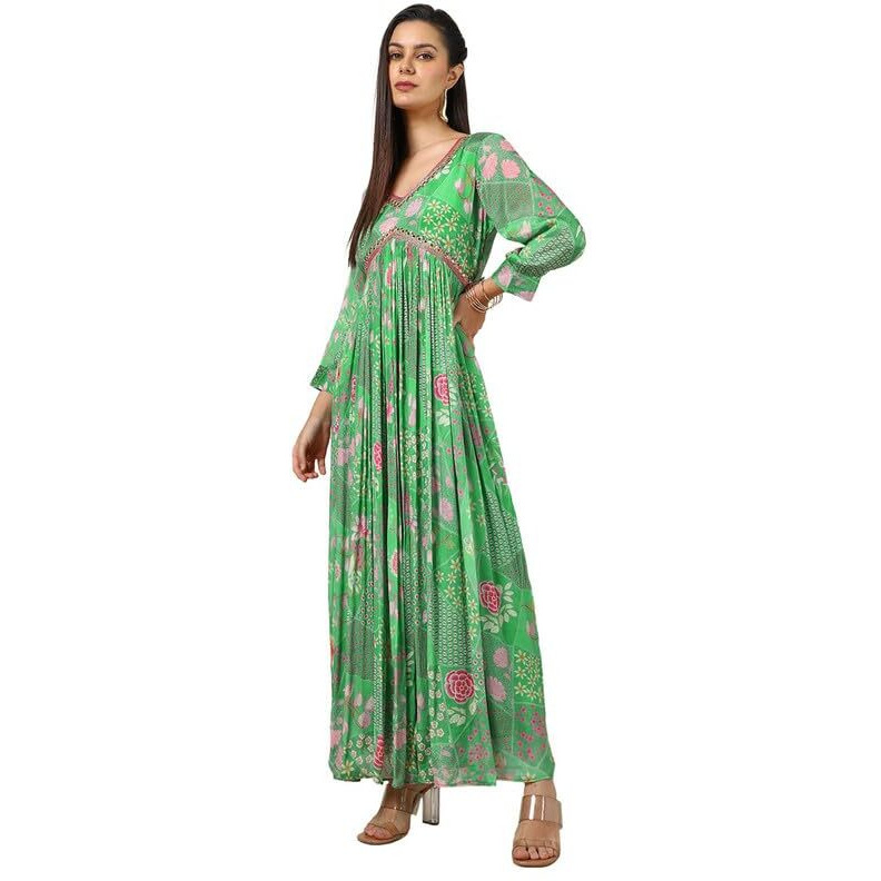 Soch Womens Light Green Chinon Floral Print Dress With Faux Mirror And Sequins